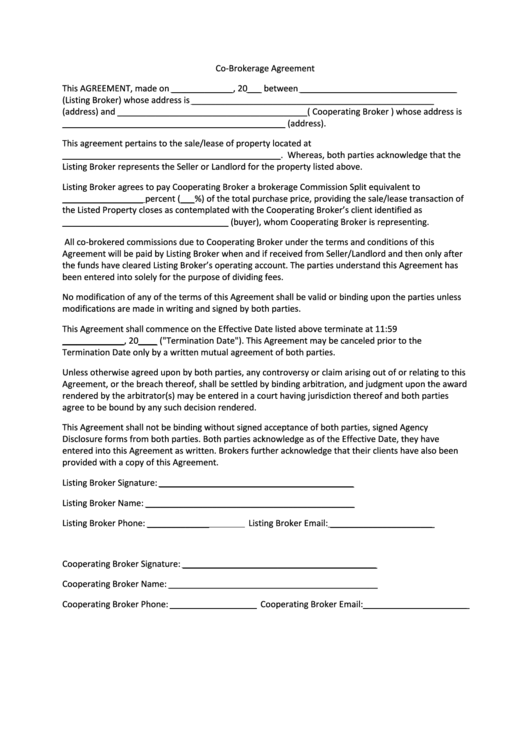 Co-Brokerage Agreement Form Printable pdf