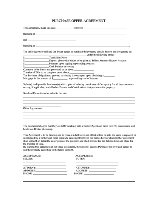 Purchase Offer Agreement Form Printable pdf