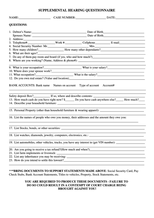 Supplemental Hearing Questionnaire Template Printable pdf