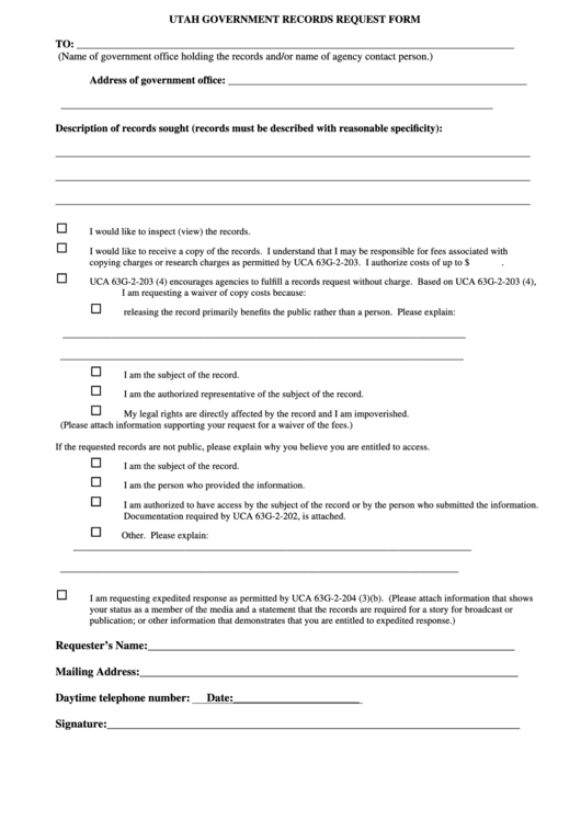 Fillable Utah Government Records Request Form Printable pdf