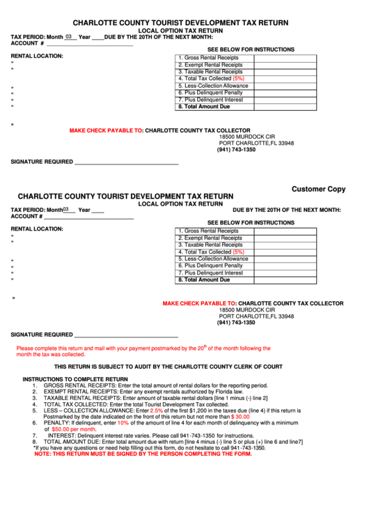 Fillable Charlotte County Tourist Development Tax Return Form Printable pdf