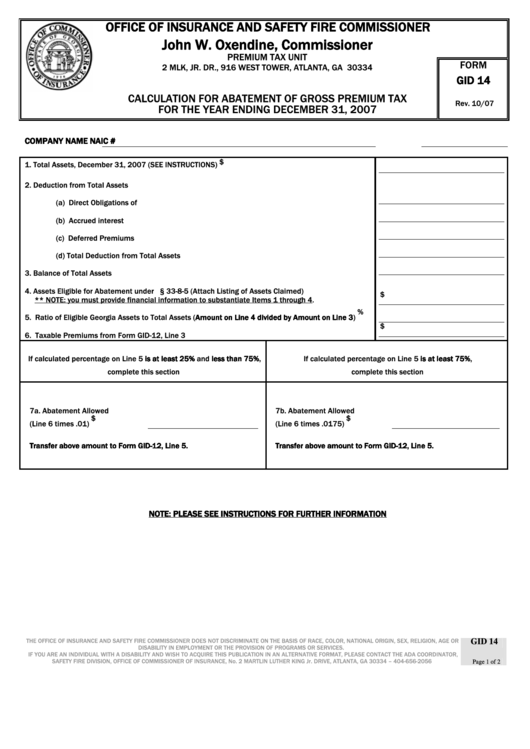 Form Gid 14 - Calculation For Abatement Of Gross Premium Tax - 2007 Printable pdf