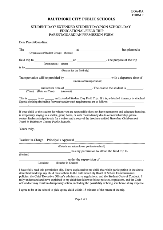 Ijoa-Ra Form F - Student Day/ Extended Student Day/non School Day Educational Field Trip Parent/guardian Permission Form Printable pdf
