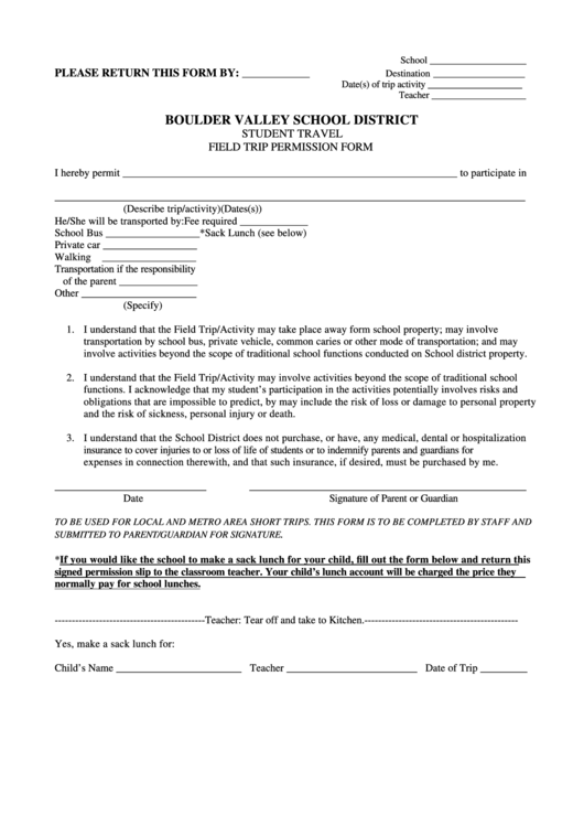 Fillable Field Trip Permission Form - Boulder Valley School District Printable pdf