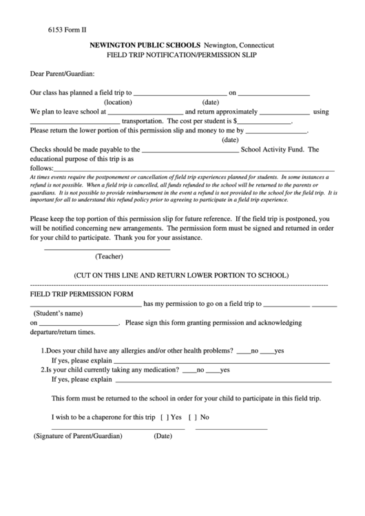 6153 Form Ii - Field Trip Permission - Newington High School Printable pdf