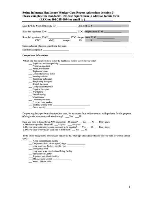 Influenza Healthcare Worker Case Report Addendum Form Printable pdf