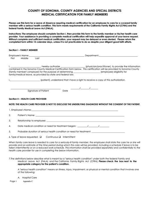 Fillable Medical Certification For Family Members Form - County Of Sonoma Printable pdf