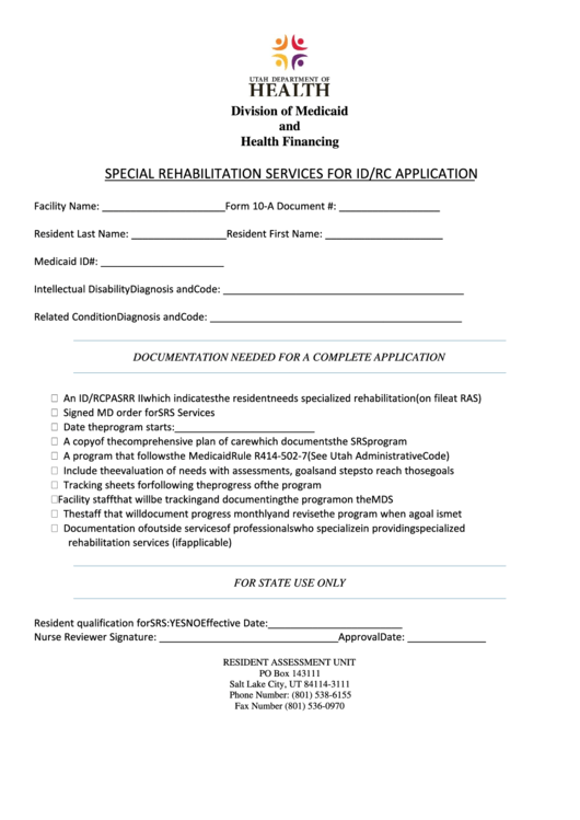 Fillable Special Rehabilitation Services For Id/rc Application Printable pdf