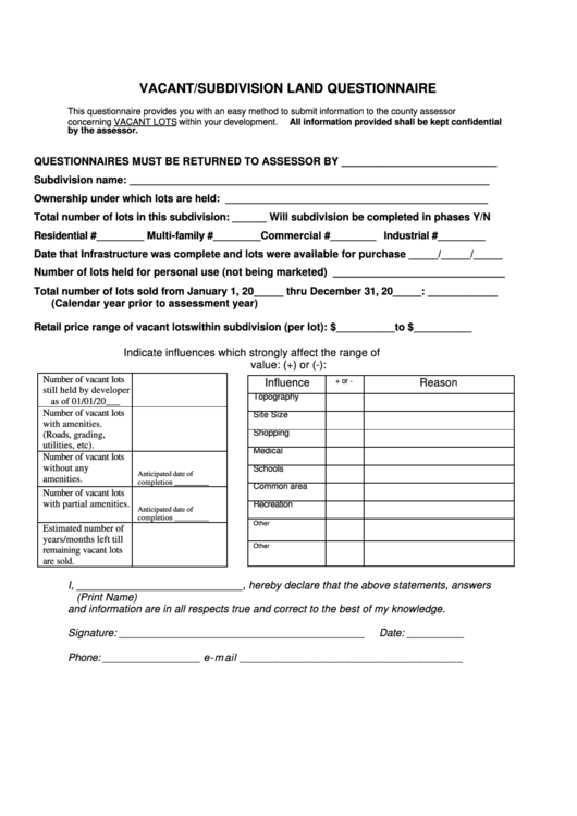 Fillable Vacant/subdivision Land Questionnaire Form Printable pdf