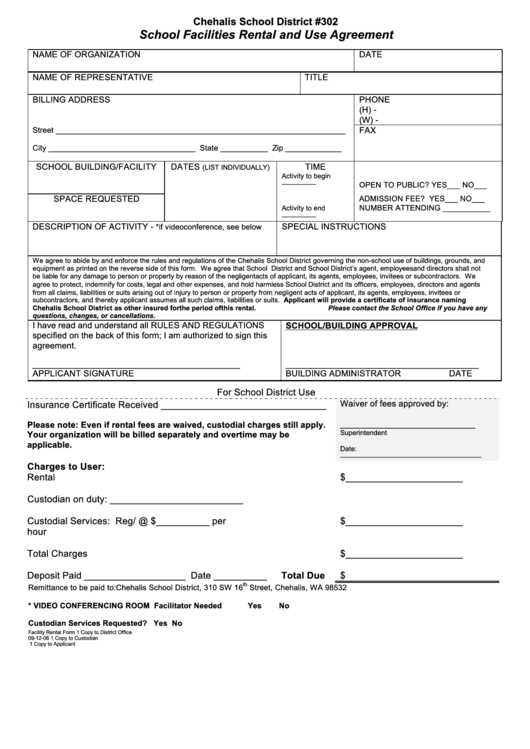 School Facilities Rental And Use Agreement Form Printable pdf