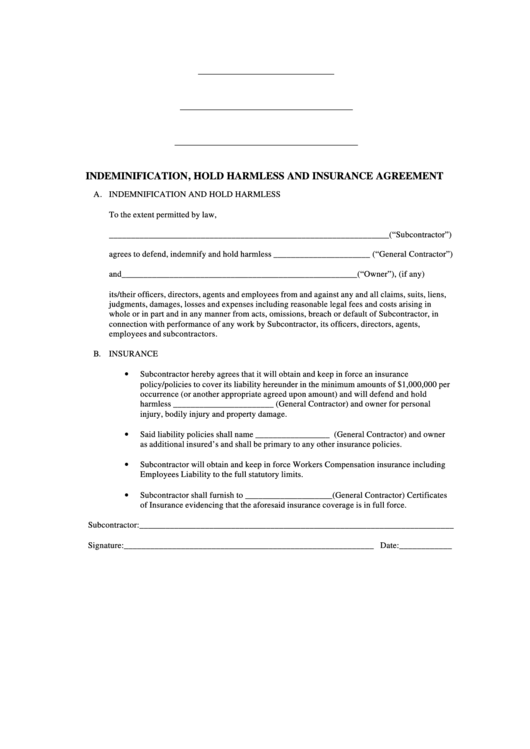 Fillable Ndeminification, Hold Harmless And Insurance Agreement Form Printable pdf