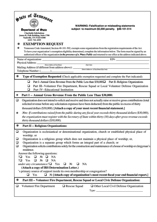 Form Ss-6042 - Exemption Request Form Printable pdf