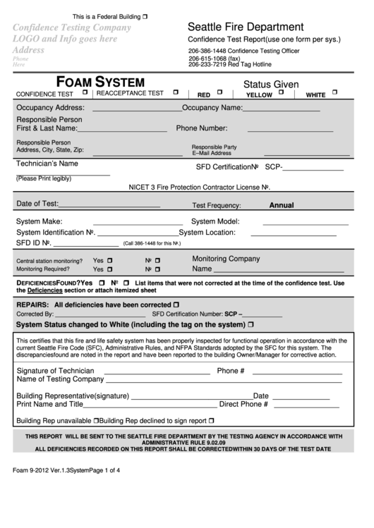 Confidence Test Report Form - Foam System - Seattle Fire Department Printable pdf