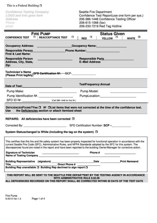 Confidence Test Report Form - Fire Pump - Seattle Fire Department Printable pdf