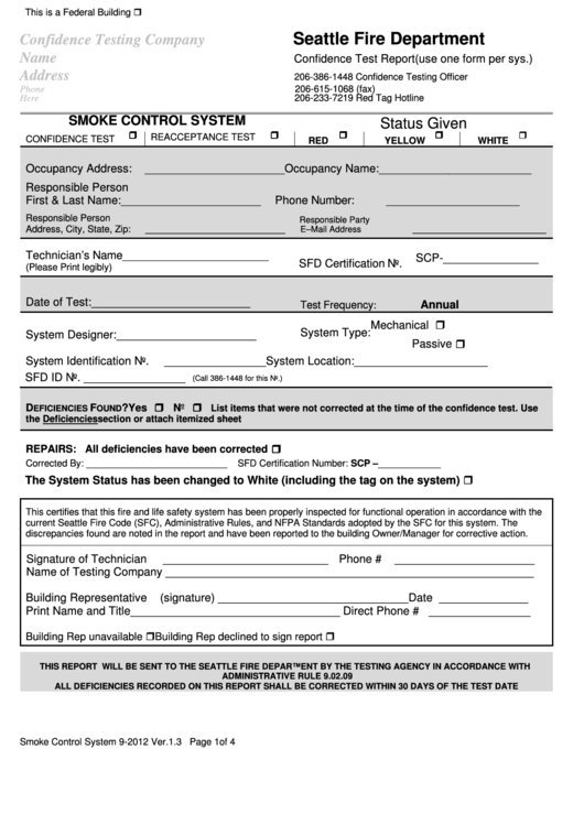 Confidence Test Report Form - Smoke Control System - Seattle Fire Department Printable pdf