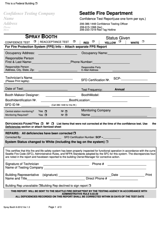 Confidence Test Report Form - Spray Booth - Seattle Fire Department Printable pdf