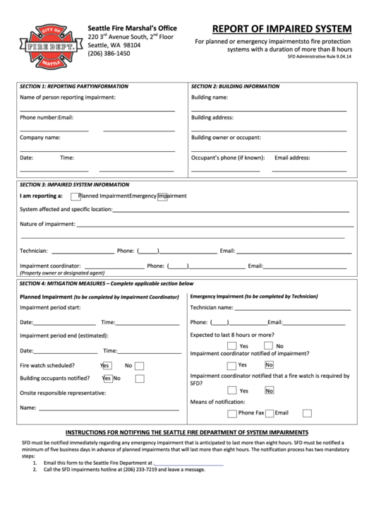 Fillable Report Of Impaired System Form - Seattle Fire Marshal