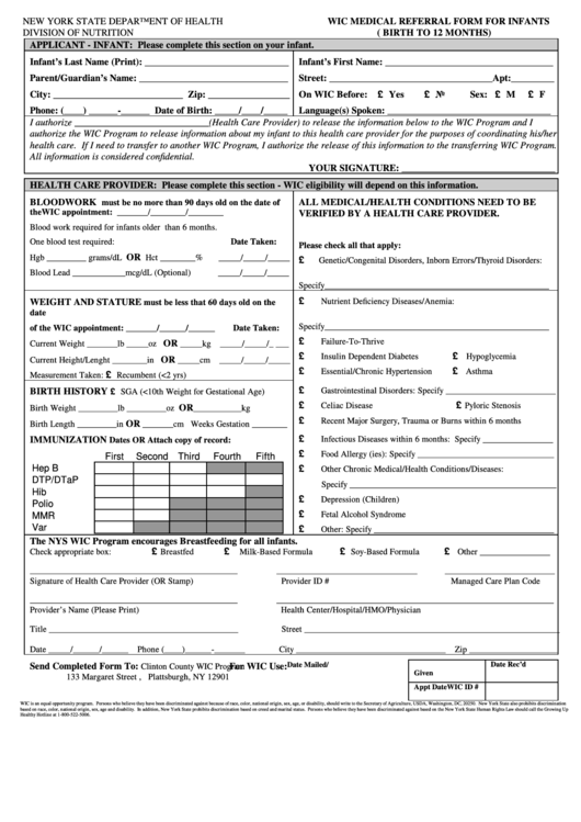 Wic Medical Referral Form For Infants ( Birth To 12 Months) Printable pdf