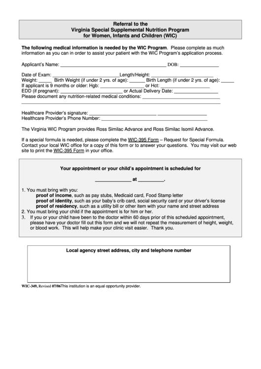 Fillable Form Wic-349 - Referral To The Virginia Special Supplemental Nutrition Program For Women, Infants And Children (Wic) Printable pdf