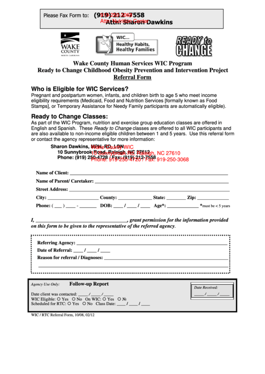 Ready To Change Childhood Obesity Prevention And Intervention Project Referral Form - Wake County Human Services Printable pdf