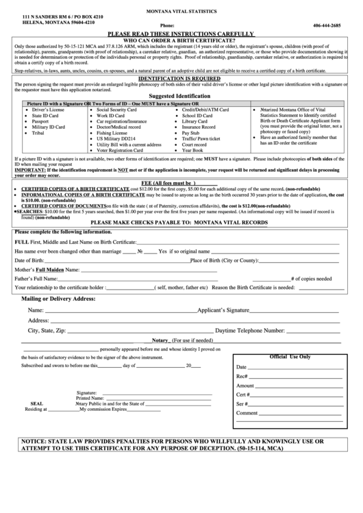 Fillable Birth Certificate Mail In Application Form - Montana Vital Statistics Printable pdf