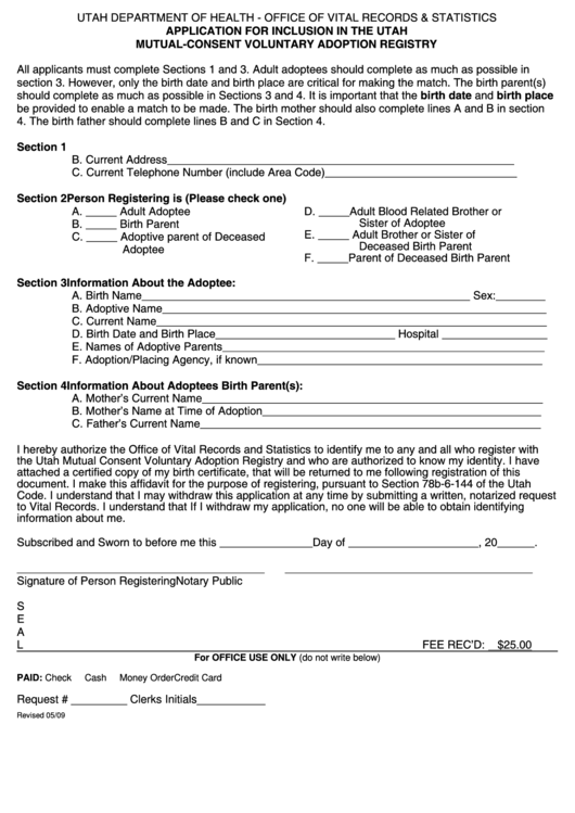 Application For Inclusion In The Utah Mutual-Consent Voluntary Adoption Registry Form - Utah Department Of Health Printable pdf