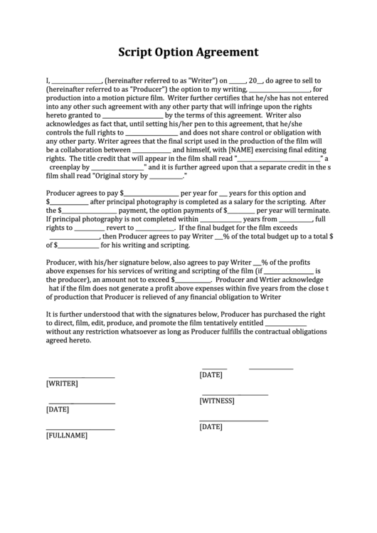 Script Option Agreement Template Printable pdf