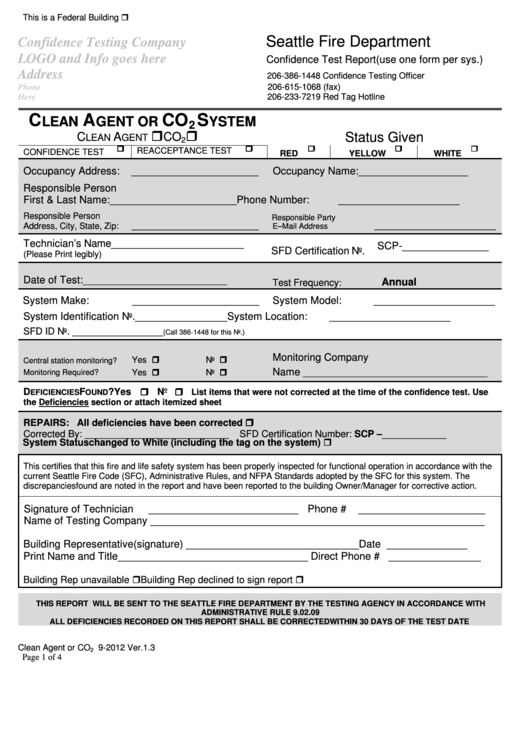 Confidence Test Report Form - Clean Agent Or Co2system - Seattle Fire Department Printable pdf