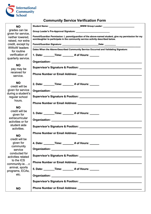 Community Service Verification Form Printable pdf