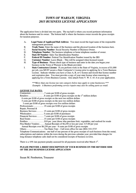 2015 Business License Application Form - Town Of Warsaw, Virginia Printable pdf