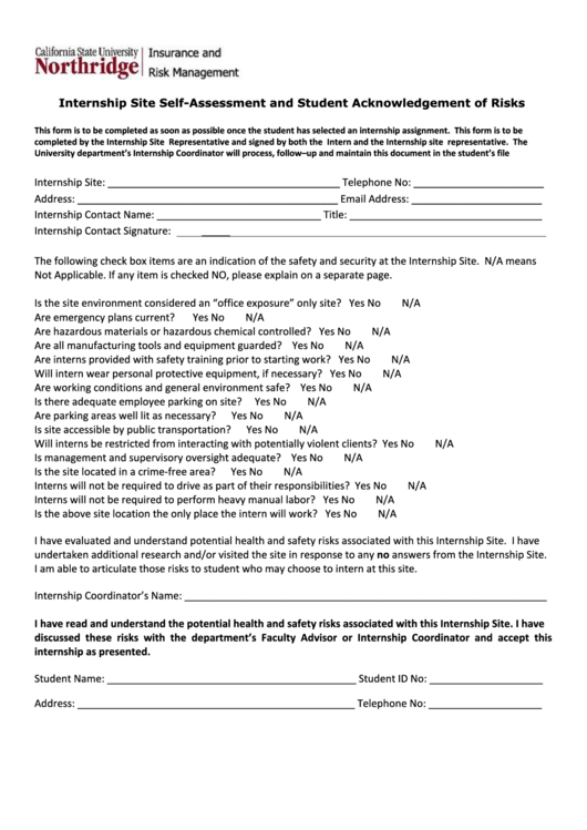 Fillable Internship Site Self Assessment Form Printable pdf
