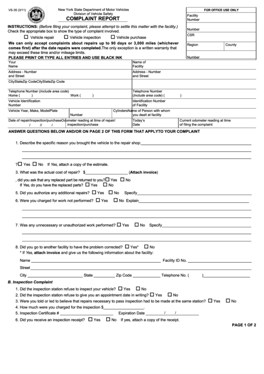 Fillable Form Vs-35 - Complaint Report - Printable pdf