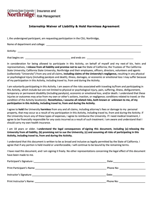 Fillable Internship Waiver Of Liability & Hold Harmless Agreement Form Printable pdf