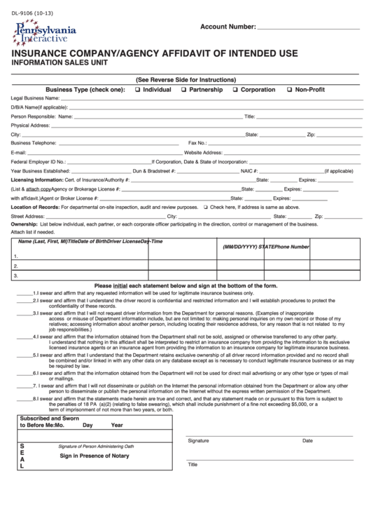 Fillable Form Dl-9106 - Insurance Company/agency Affidavit Of Intended Use Printable pdf