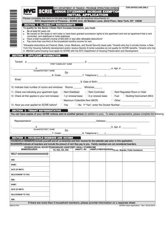 Scrie - Senior Citizen Rent Increase Exemption Initial Application Form - 2015 Printable pdf