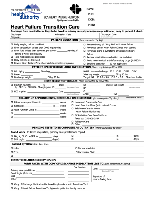 Heart Failure Transition Care Form - Vancouver Island Health Authority Printable pdf