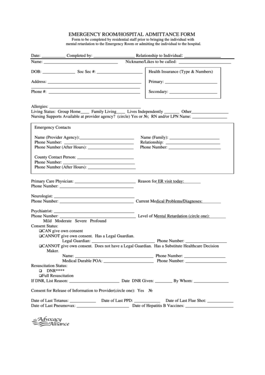 Emergency Room/hospital Admittance Form Printable pdf