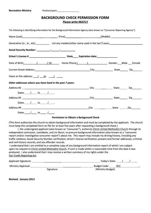 Background Check Permission Form Printable pdf