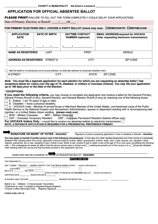 Fillable Form Abs-App-10 - Application For Official Absentee Ballot Printable pdf