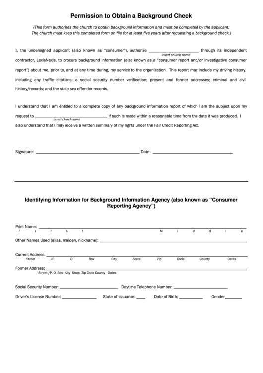 Permission To Obtain A Background Check Form Printable pdf