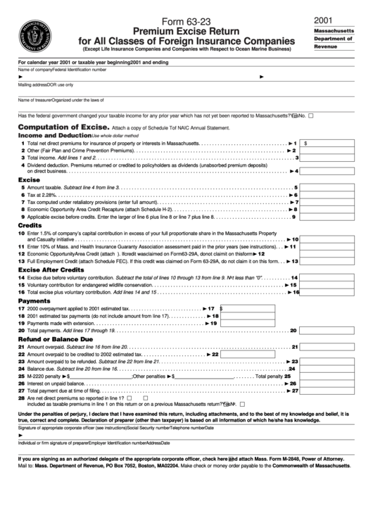 Form 63-23 - Premium Excise Return For All Classes Of Foreign Insurance Companies - 2001 Printable pdf