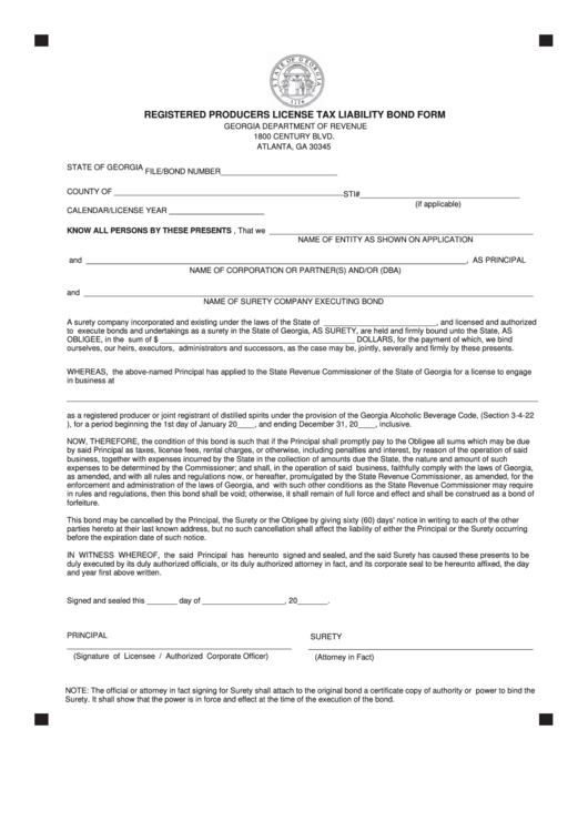 Registered Producers License Tax Liability Bond Form - Georgia Department Of Revenue Printable pdf