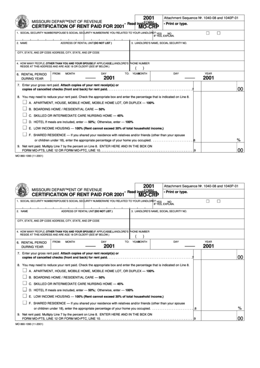 Form Mo-Crp - Certification Of Rent Paid For - 2001 Printable pdf