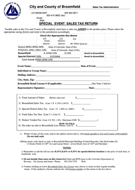 Special Event Sales Tax Return Form - City And County Of Broomfield Printable pdf