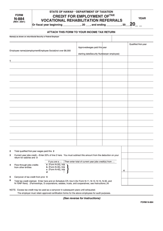 Form N-884 - Credit For Employment Of Vocational Rehabilitation Referrals With Instructions Printable pdf