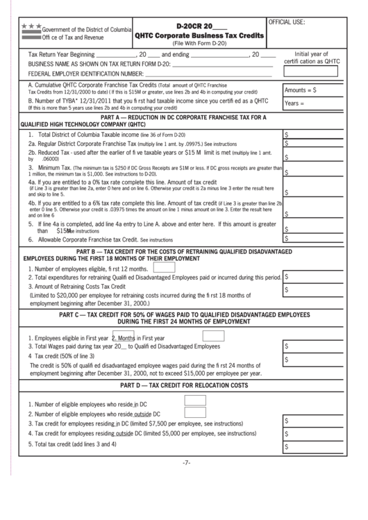 Form D-20cr - Qhtc Corporate Business Tax Credits Printable pdf