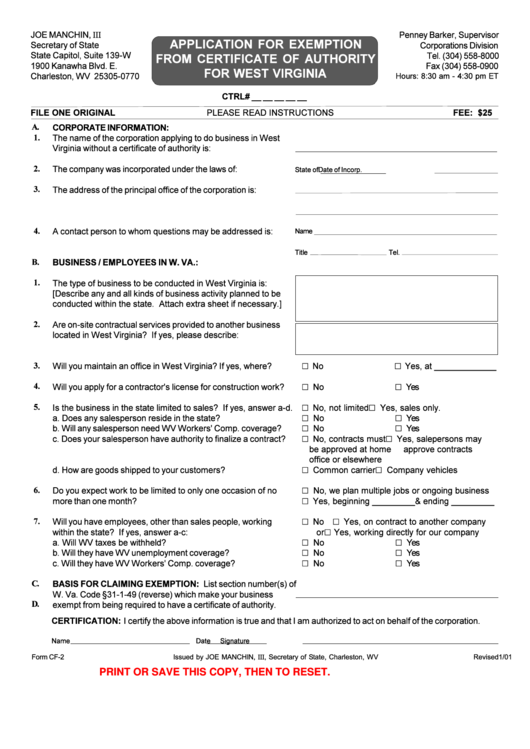 Fillable Form Cf-2 - Application For Exemption From Certificate Of Authority For West Virginia Printable pdf
