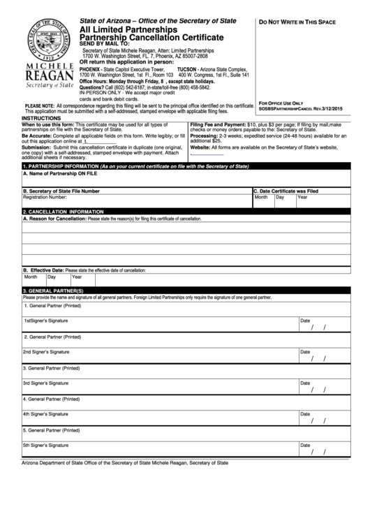 Fillable Partnership Cancellation Certificate Form-State Of Arizona Printable pdf