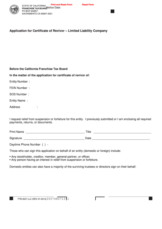 Fillable Form Ftb 3557 Llc - Application For Certificate Of Revivor ...