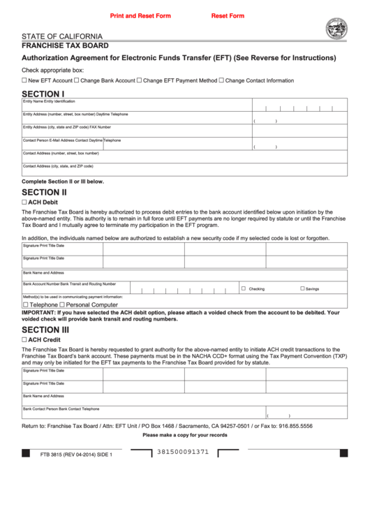 Fillable Form Ftb 3815 - Authorization Agreement For Electronic Funds Transfer (Eft) - California Printable pdf